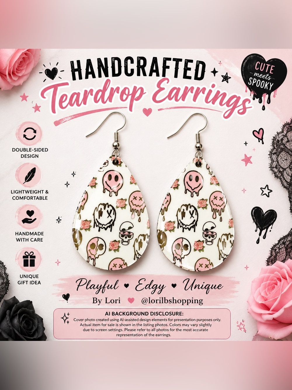 Pink Smiley Skull Teardrop Earrings | Handmade Whimsigoth Dangle Earrings